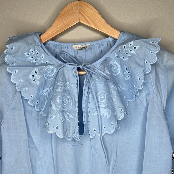St Roche Virginia Top in Cerulean Blue Cotton Ruffled Eyelet Lace Collar NWT! - Picture 2 of 5